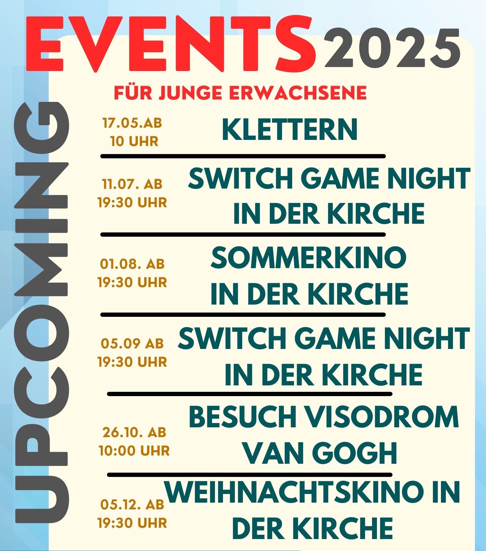 Plakat mit bevorstehenden Veranstaltungen für junge Erwachsene im Jahr 2025, inklusive Van Gogh.