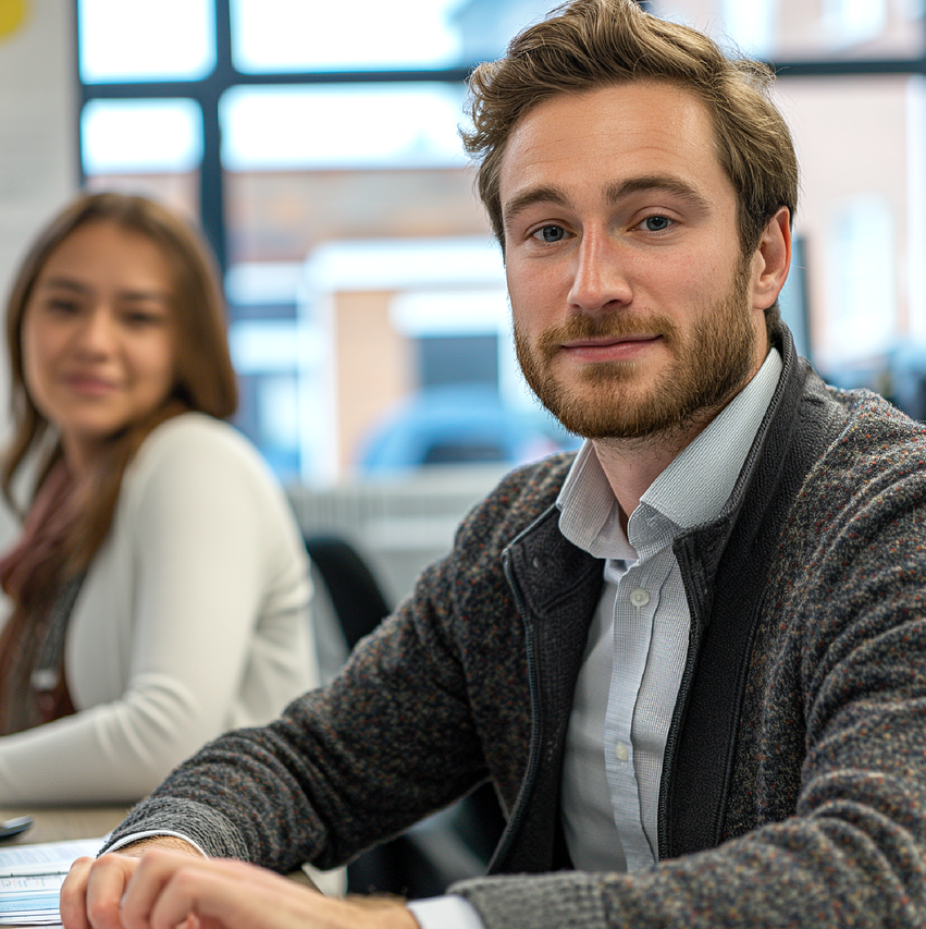 Lächelnder Mann mit Bart im Fokus, Frau unscharf dahinter.
