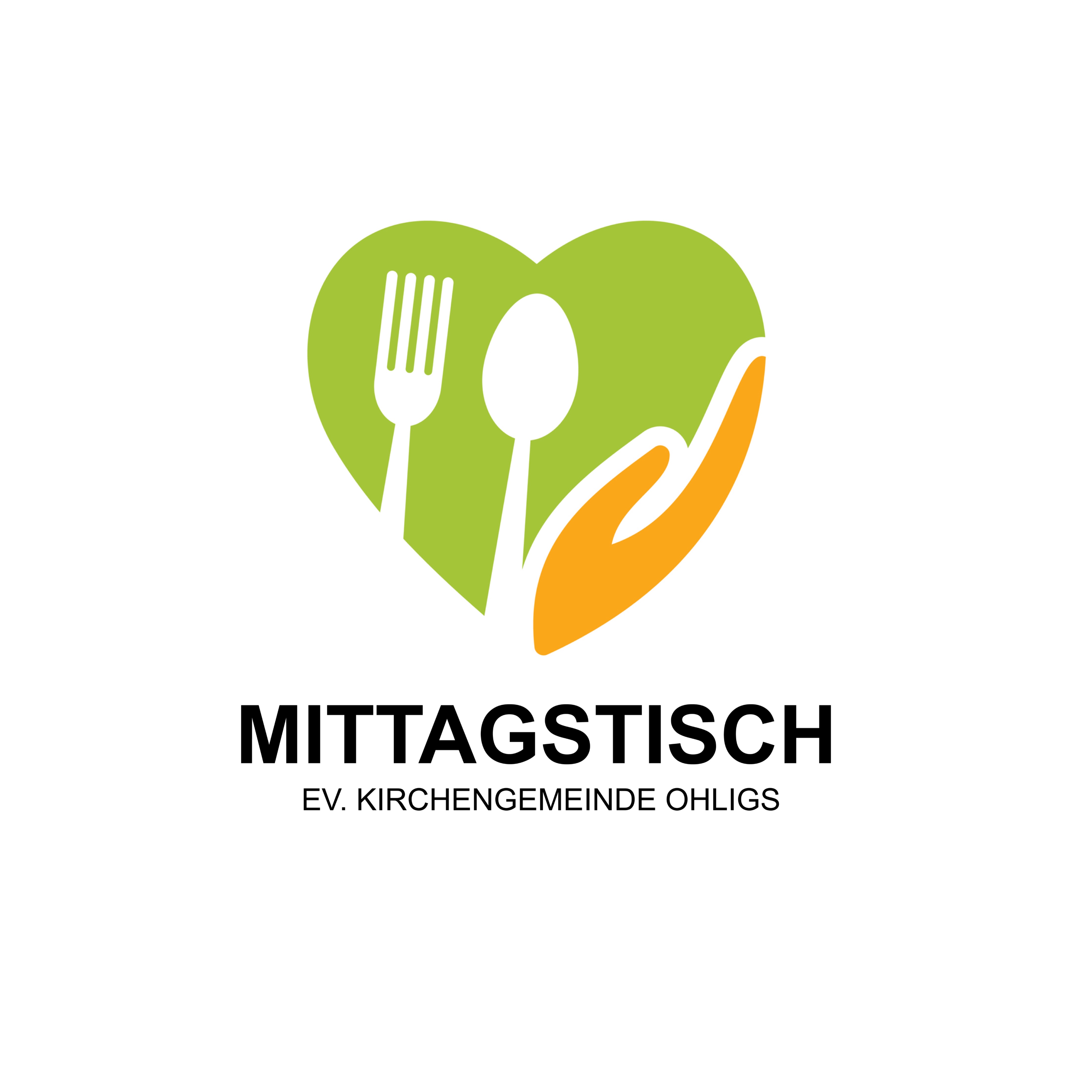 "Mittagstisch" Logo: grünes Herz mit weißem Besteck und oranger Hand.