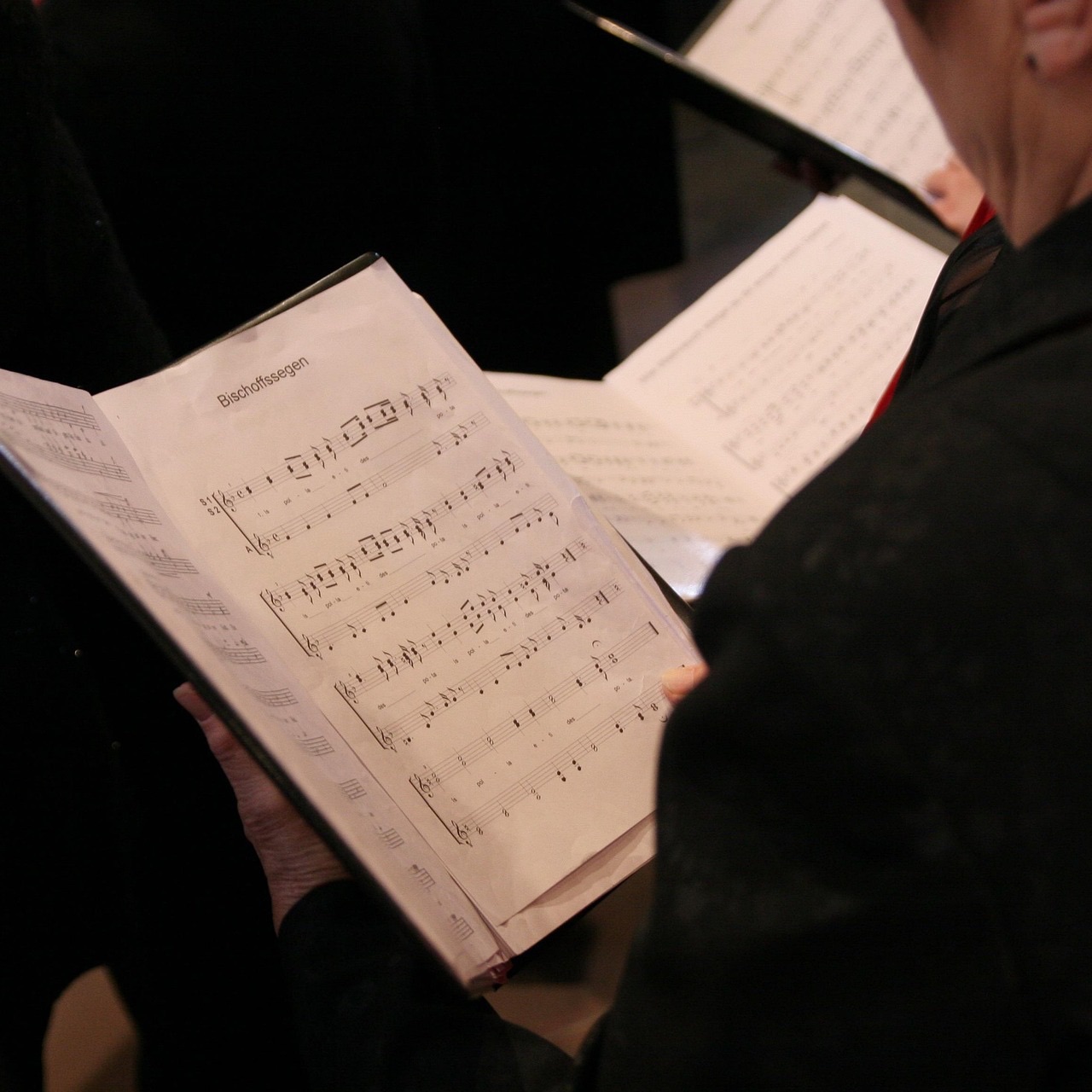 Nahaufnahme eines Chormitglieds, das Notenblätter mit Noten hält.